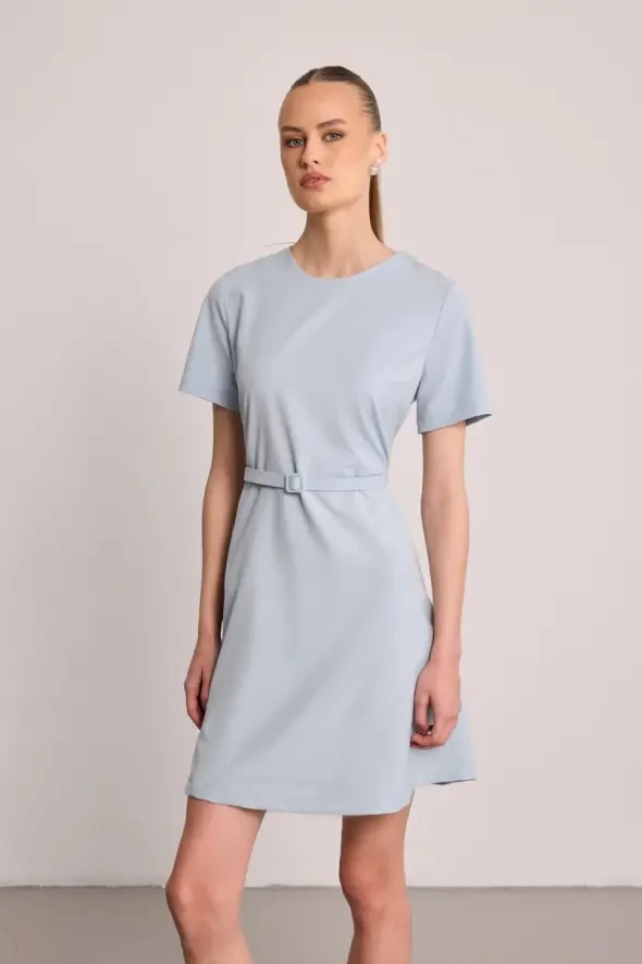 Belted Short Sleeve Dress - Blue - 2