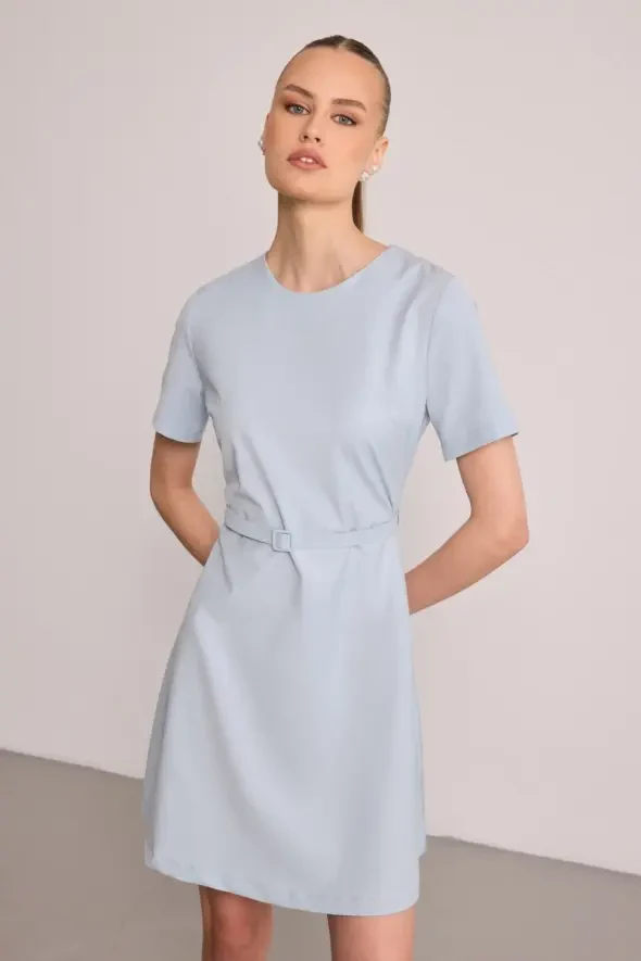 Belted Short Sleeve Dress - Blue - 3