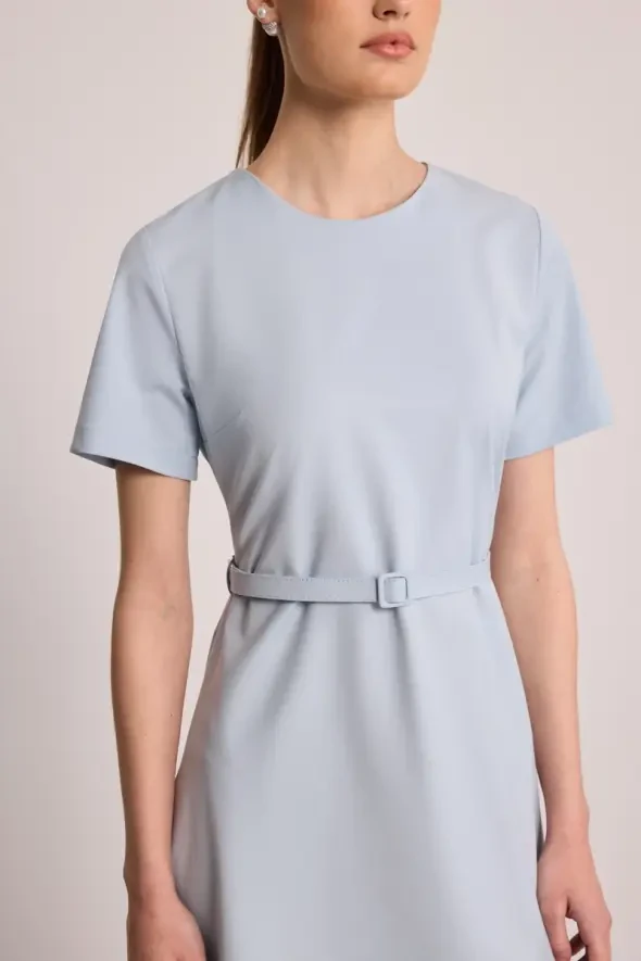Belted Short Sleeve Dress - Blue - 4