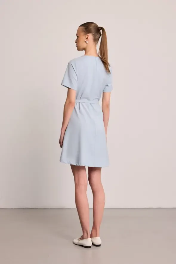 Belted Short Sleeve Dress - Blue - 5