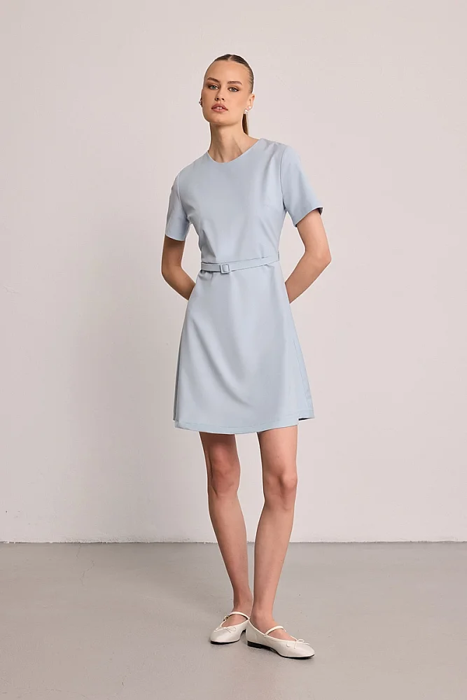 Belted Short Sleeve Dress - Blue Blue