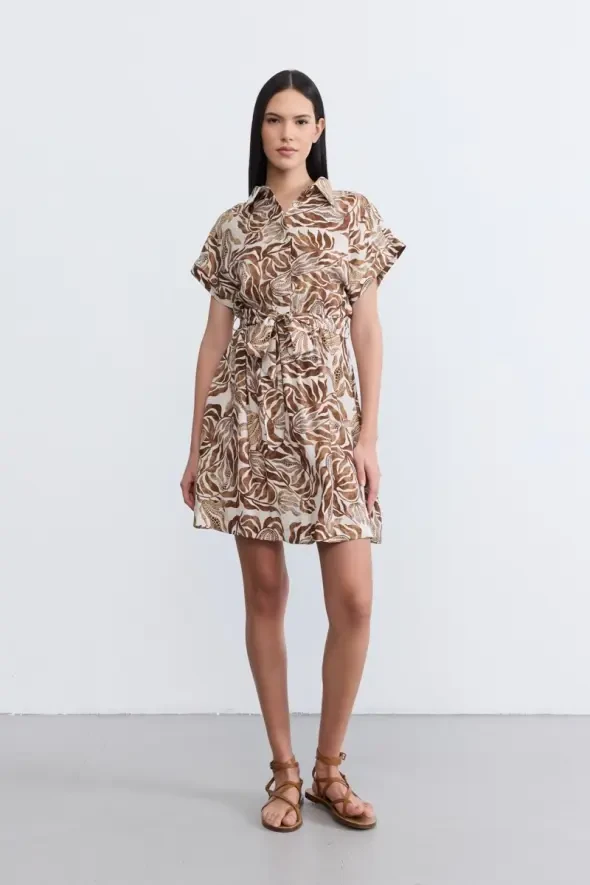 Belted Short Sleeve Shirt Dress - Brown - 1