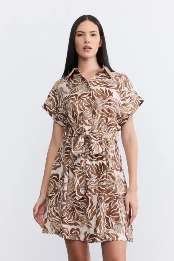 Belted Short Sleeve Shirt Dress - Brown - 2