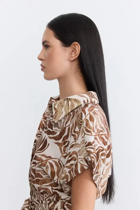 Belted Short Sleeve Shirt Dress - Brown - 3