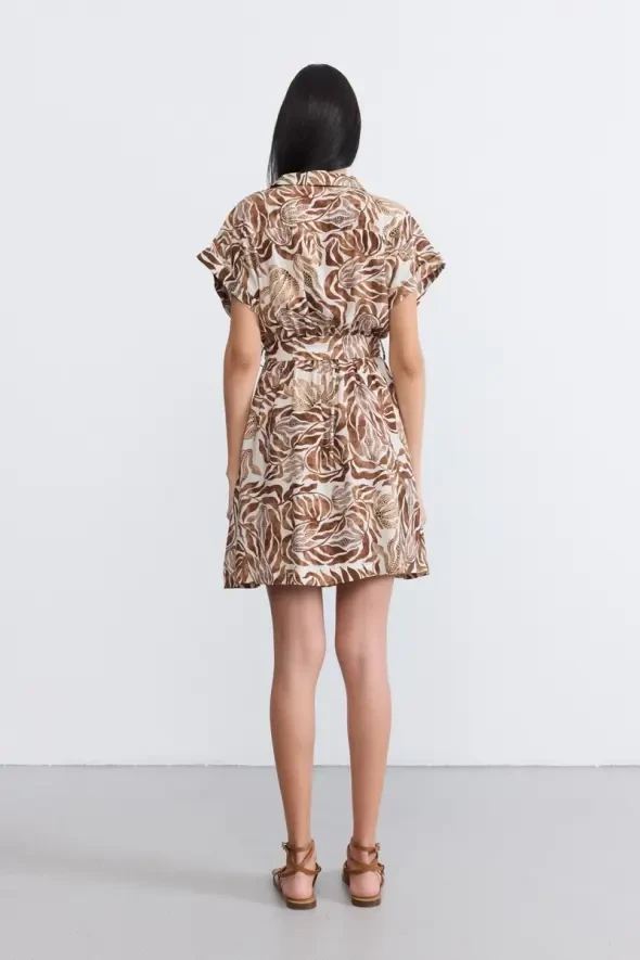 Belted Short Sleeve Shirt Dress - Brown - 6