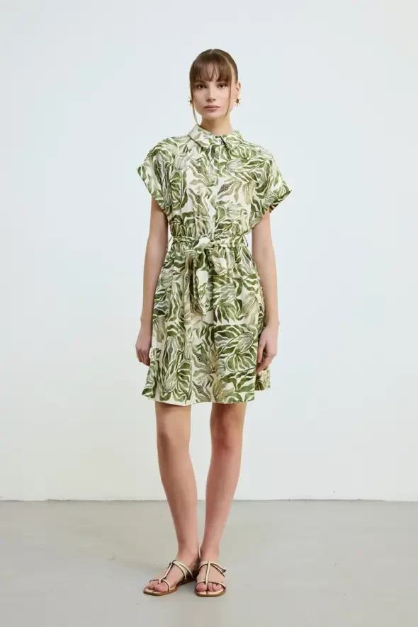 Belted Short Sleeve Shirt Dress - Khaki - 1