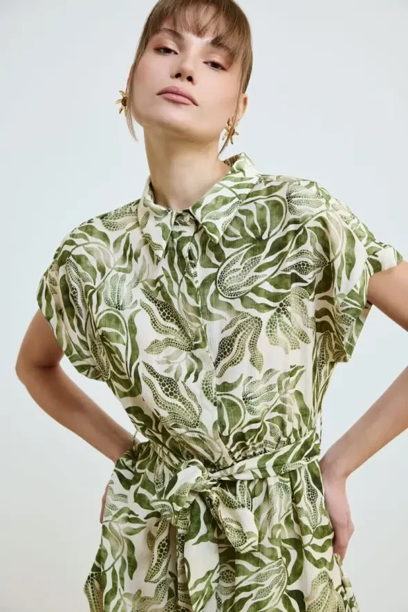 Belted Short Sleeve Shirt Dress - Khaki - 2