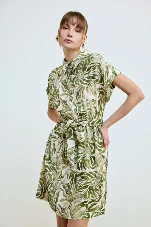 Belted Short Sleeve Shirt Dress - Khaki - 3