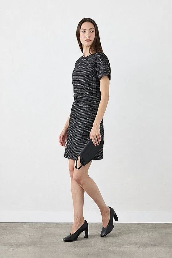 Belted Short-Sleeve Tweed Dress - Navy Blue - Gusto
