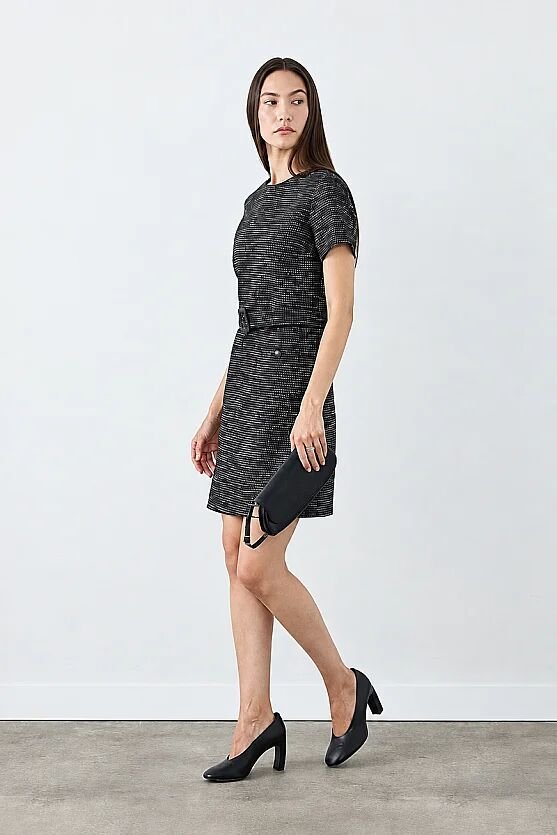 Belted Short-Sleeve Tweed Dress - Navy Blue - 4