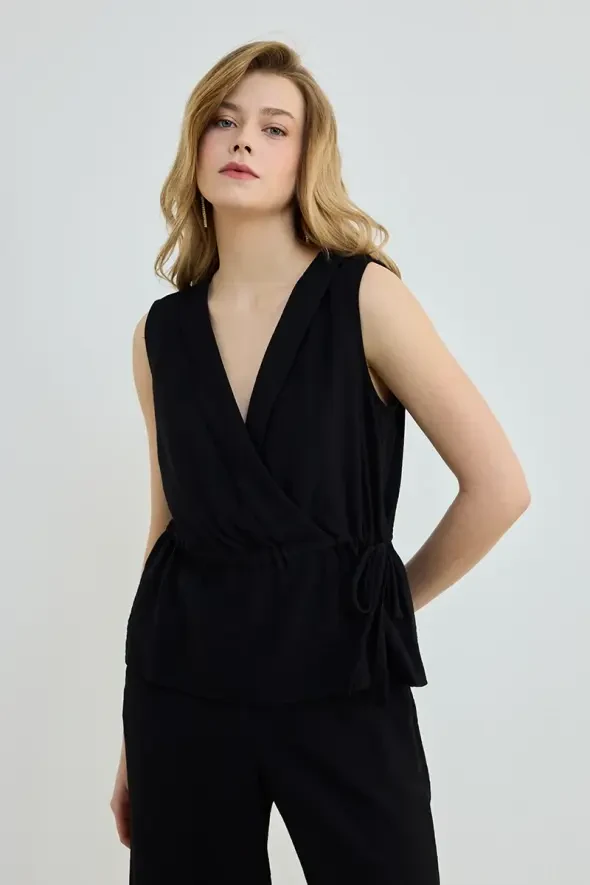Belted Sleeveless Blouse - Black - 1