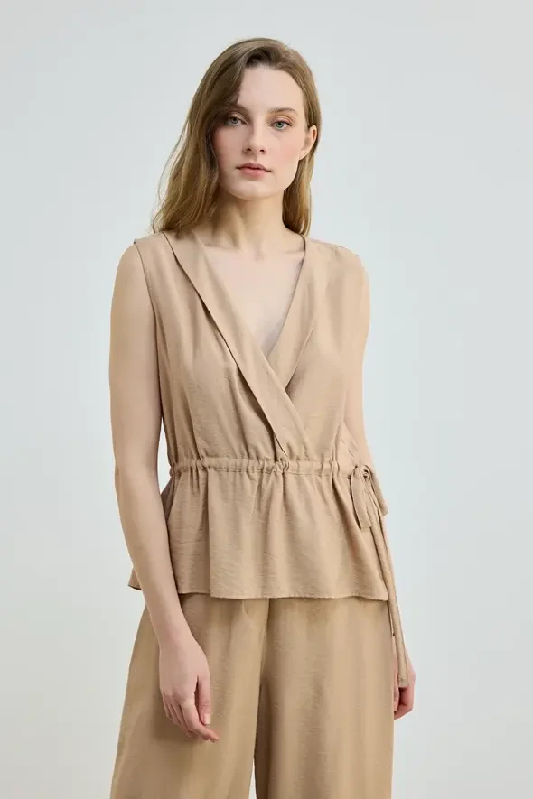 Belted Sleeveless Blouse - Camel - 1