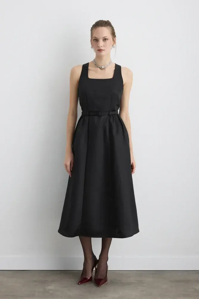 Belted Square-Neck Taffeta Midi Dress - Black Black