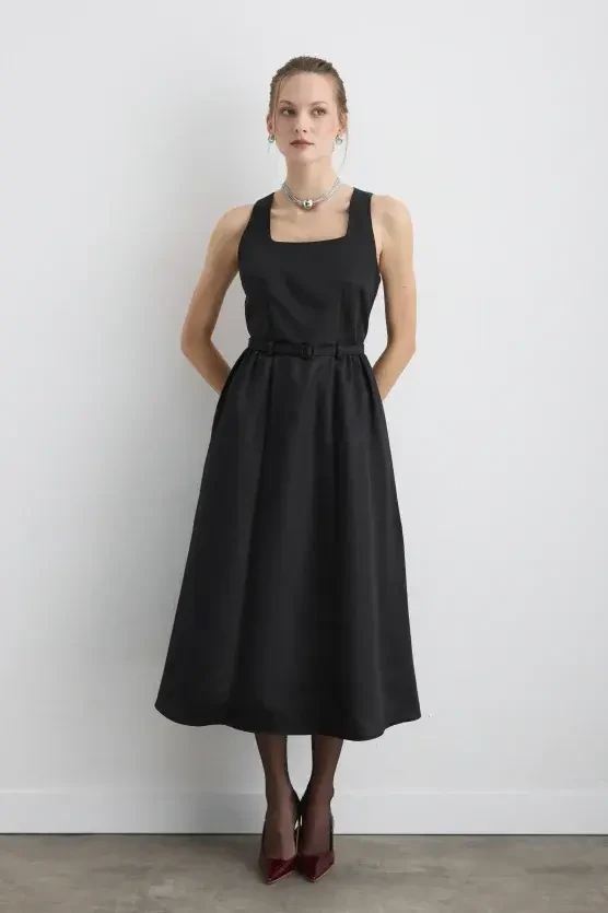 Belted Square-Neck Taffeta Midi Dress - Black - 2