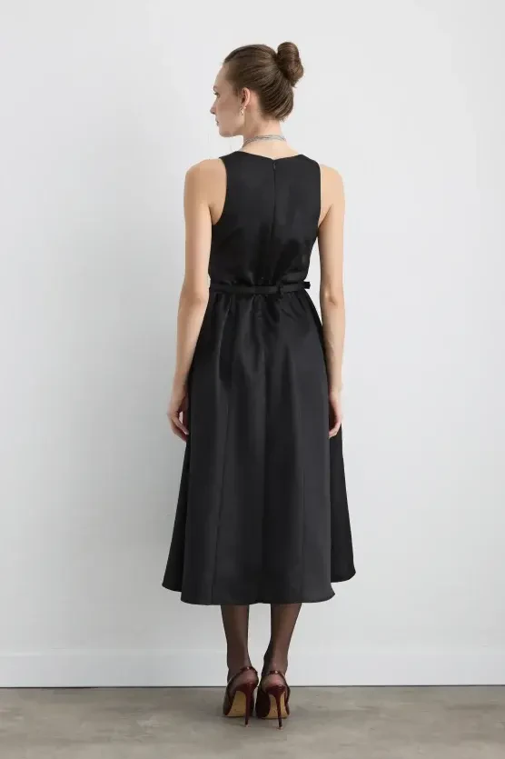 Belted Square-Neck Taffeta Midi Dress - Black - 7