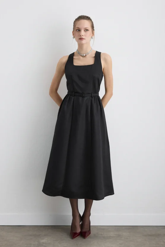 Belted Square Neck Taffeta Midi Dress Black - 2