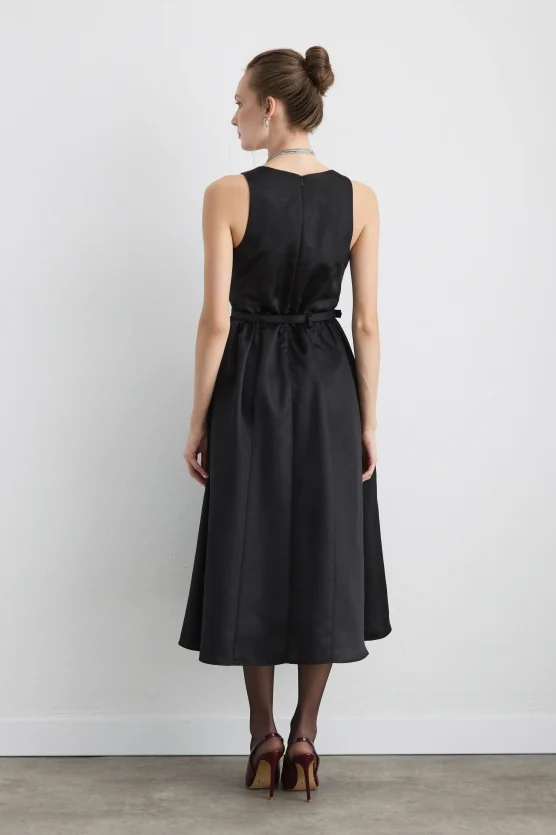 Belted Square Neck Taffeta Midi Dress Black - 7
