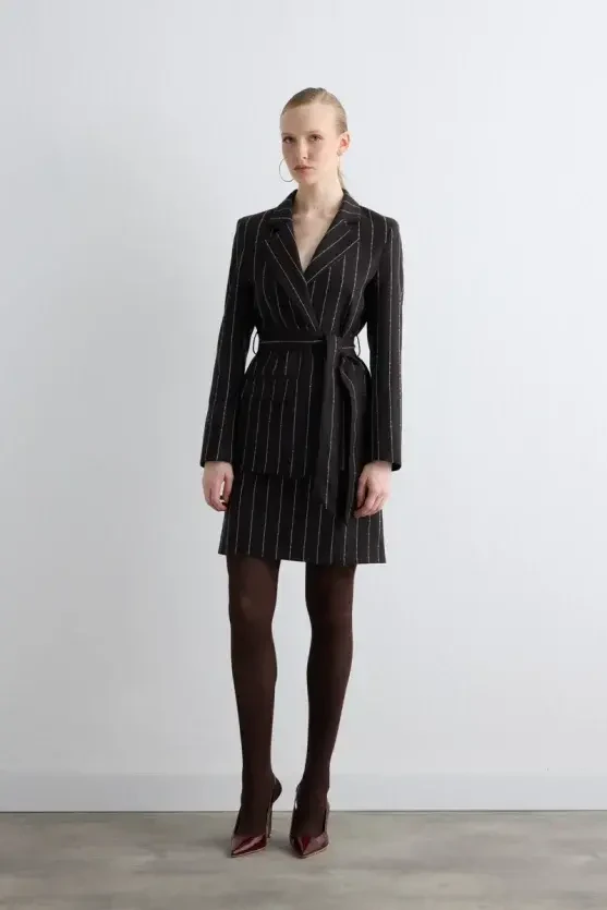 Belted Striped Wool Jacket - Brown - Gusto