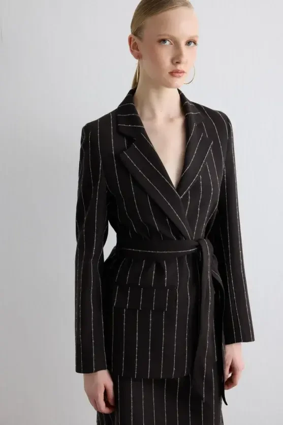 Belted Striped Wool Jacket - Brown - Gusto