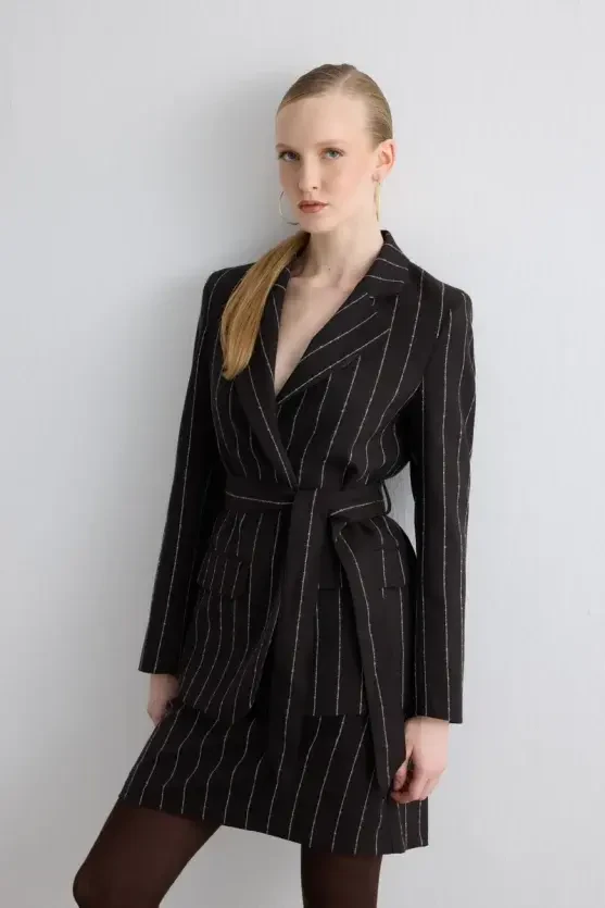 Belted Striped Wool Jacket - Brown - Gusto