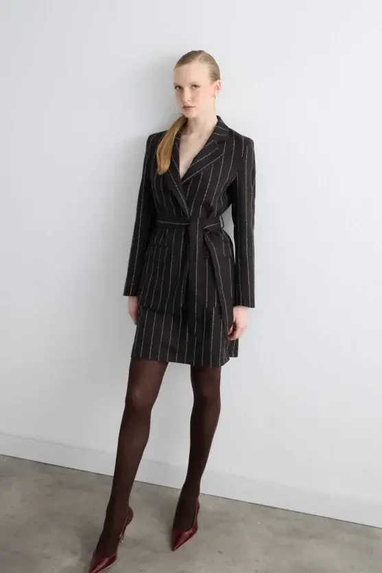 Belted Striped Wool Jacket - Brown - 5