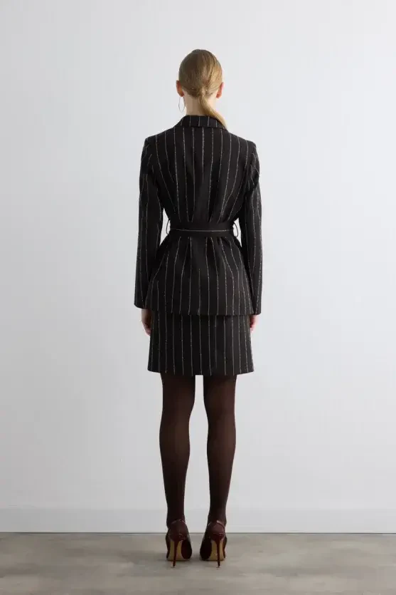 Belted Striped Wool Jacket - Brown - 6