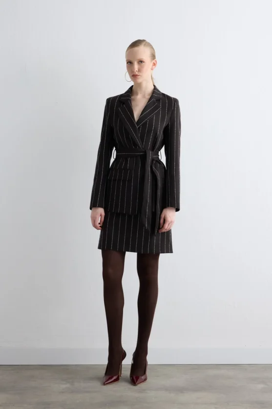 Belted Striped Wool Jacket - Brown - 2