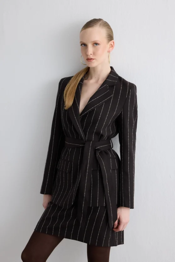 Belted Striped Wool Jacket - Brown - 4