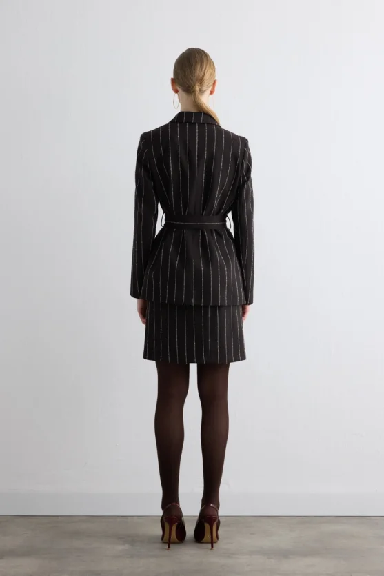 Belted Striped Wool Jacket Brown - Gusto