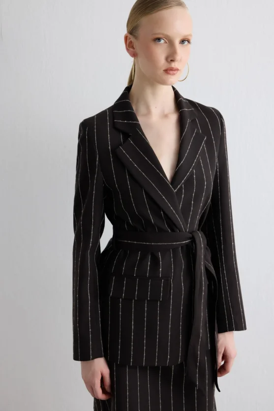 Belted Striped Wool Jacket Brown - Gusto
