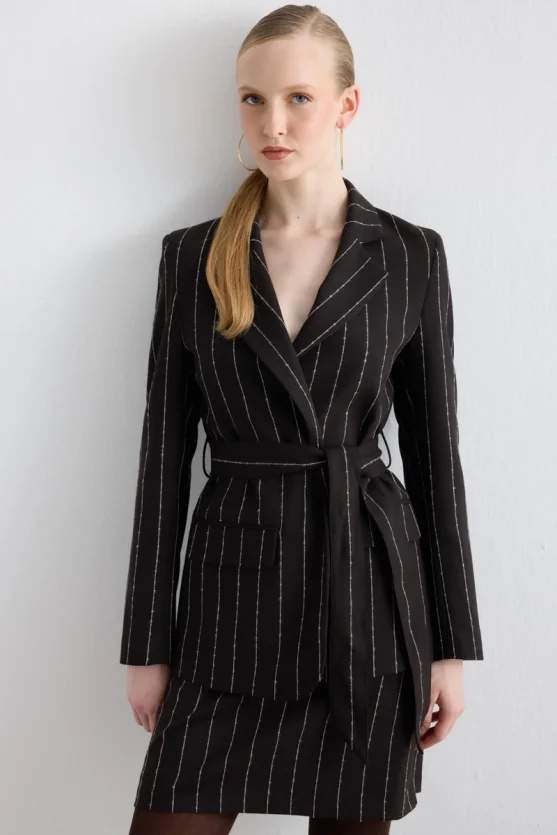 Belted Striped Wool Jacket Brown - 1