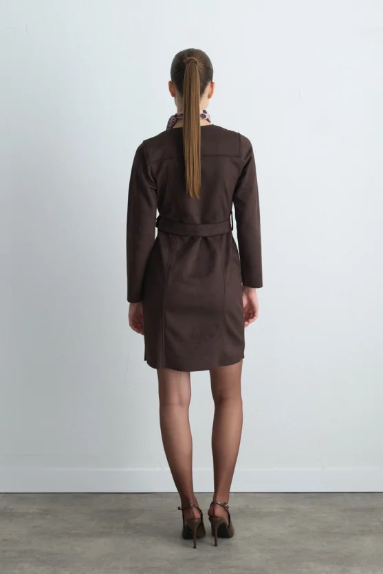 Belted Suede Dress - Brown - 4