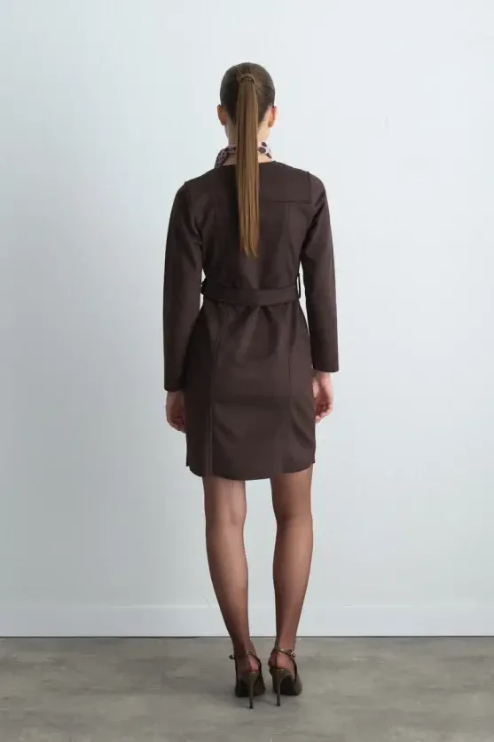 Belted Suede Dress - Brown - Gusto