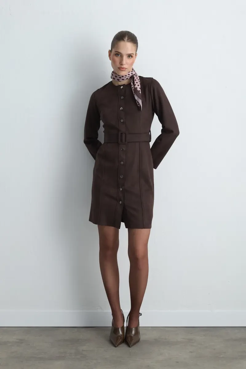 Belted Suede Dress - Brown - 1