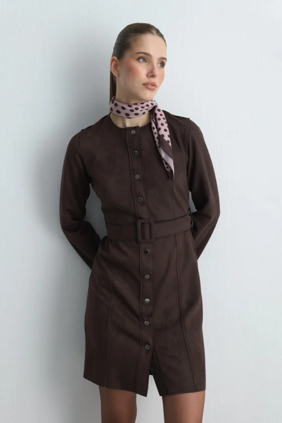 Belted Suede Dress Brown - Gusto