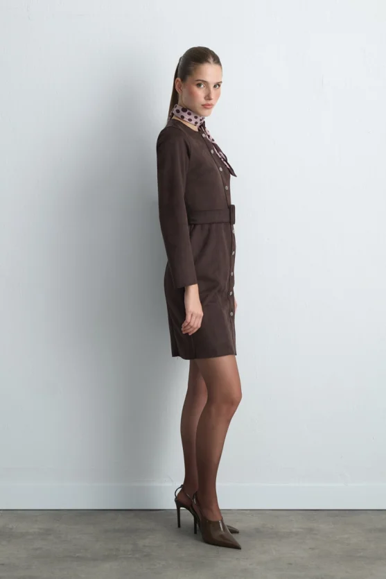 Belted Suede Dress Brown - 3