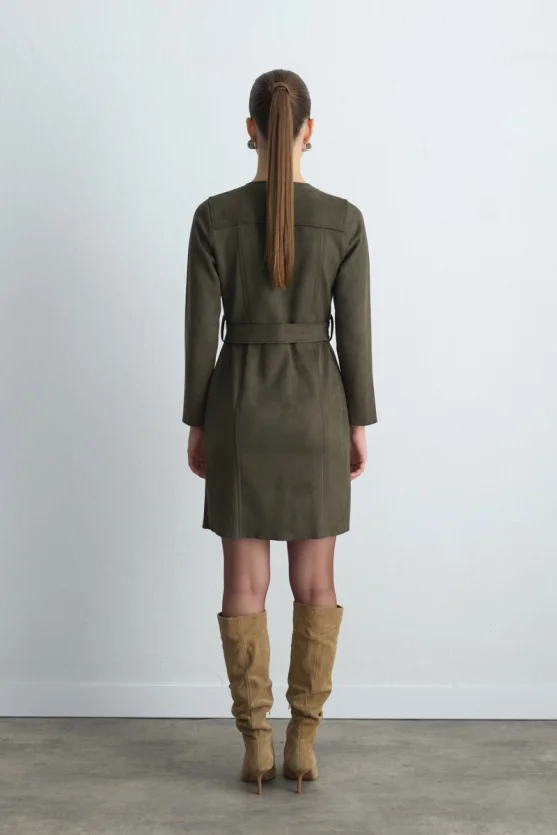 Belted Suede Dress - Khaki - Gusto