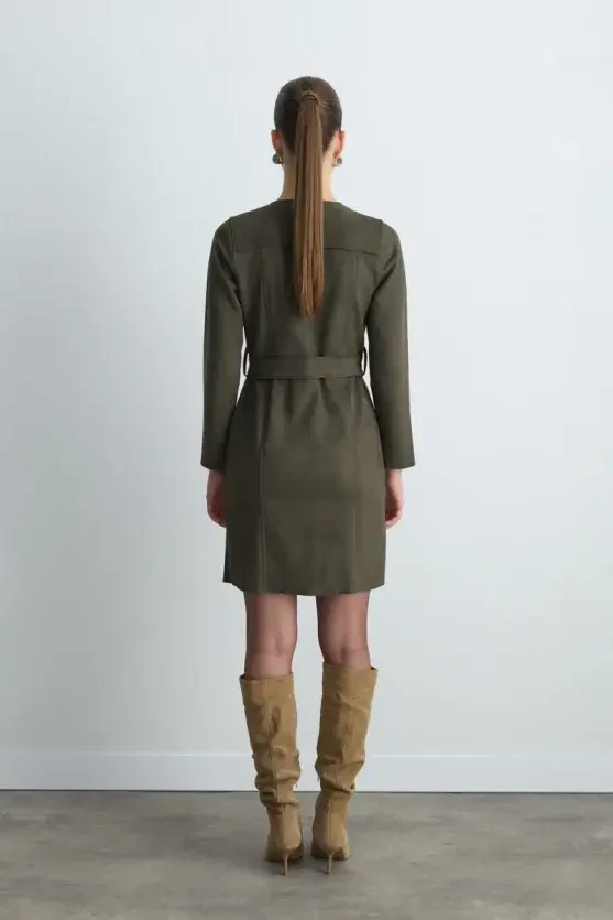 Belted Suede Dress - Khaki - 5