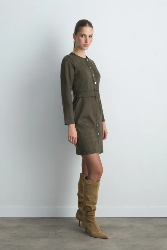 Belted Suede Dress Khaki - 4