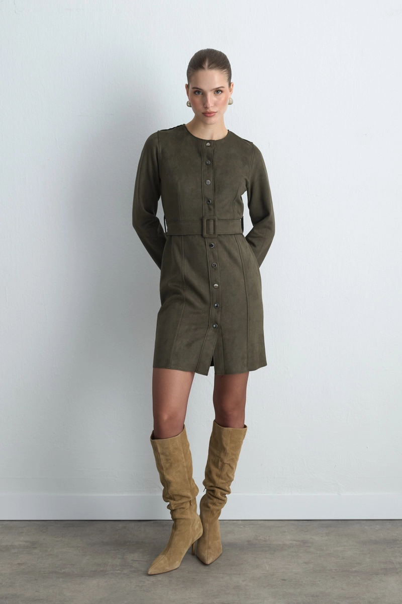 Belted Suede Dress Khaki - Gusto