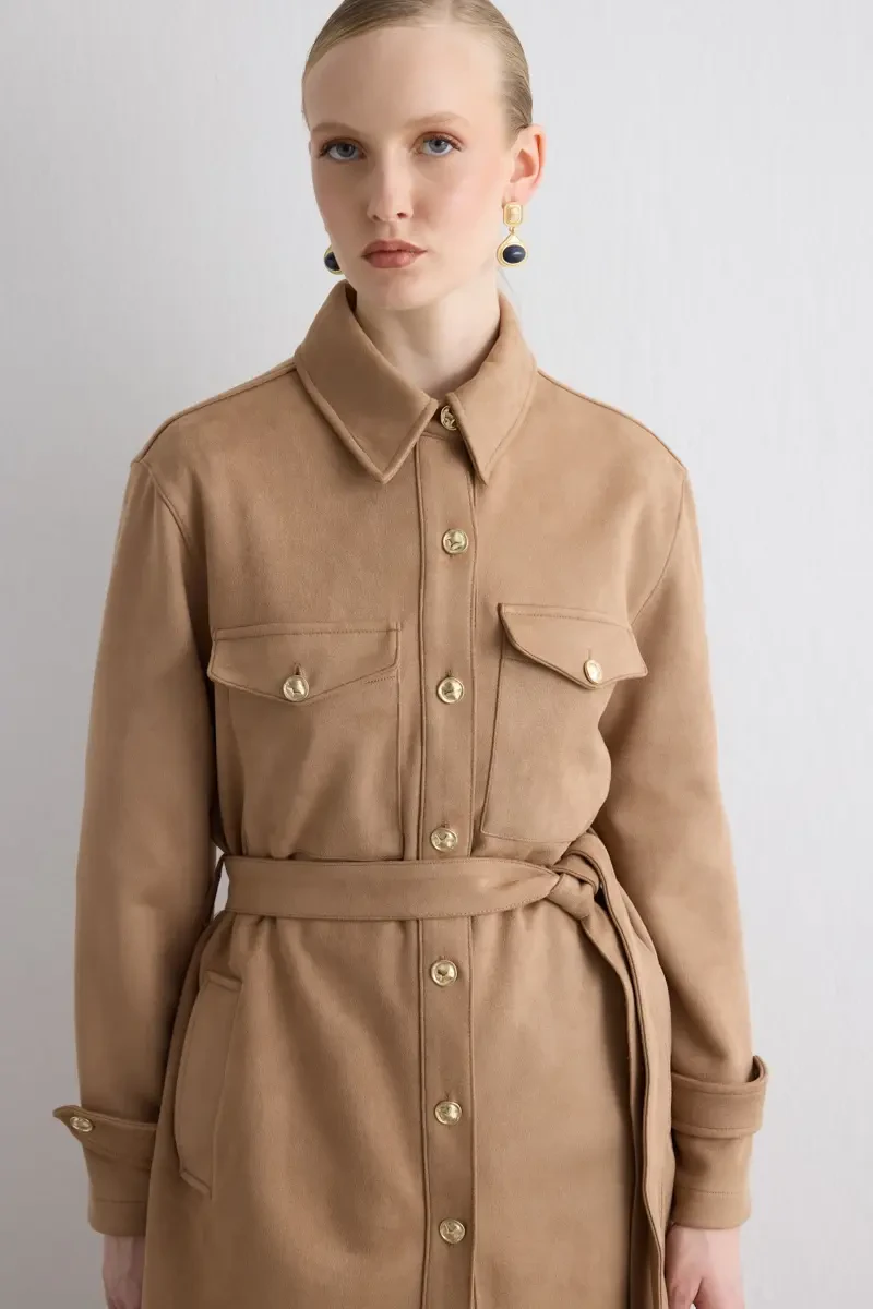 Belted Suede Jacket - Beige - Gusto