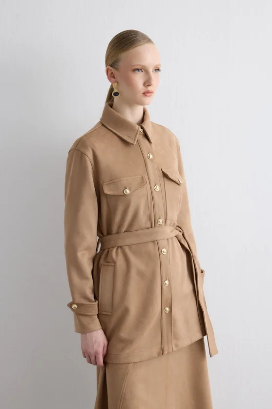 Belted Suede Jacket Beige - 3