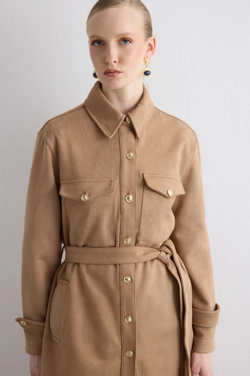 Belted Suede Jacket Beige - 2