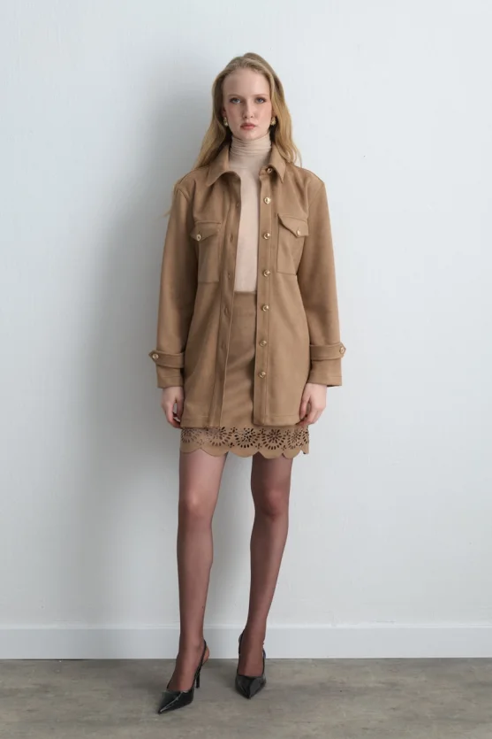 Belted Suede Jacket Beige - 1