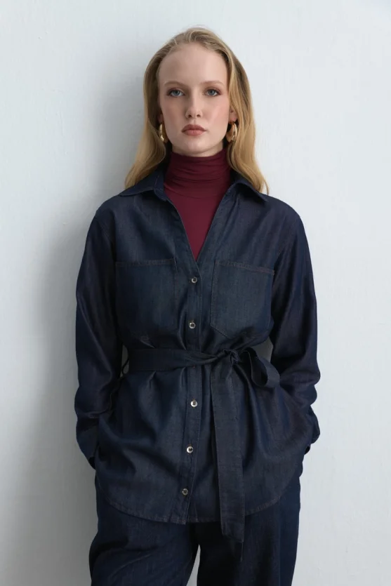 Belted Tencel Denim Shirt - Navy Blue - Gusto