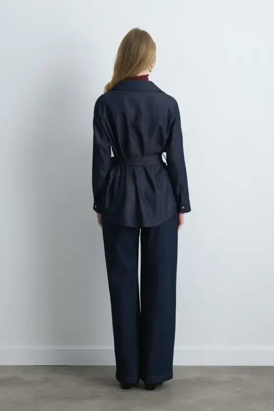 Belted Tencel Denim Shirt - Navy Blue - 5