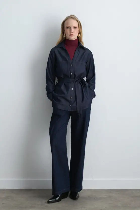Belted Tencel Denim Shirt Navy Blue - 3