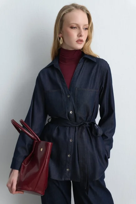 Belted Tencel Denim Shirt Navy Blue Navy Blue