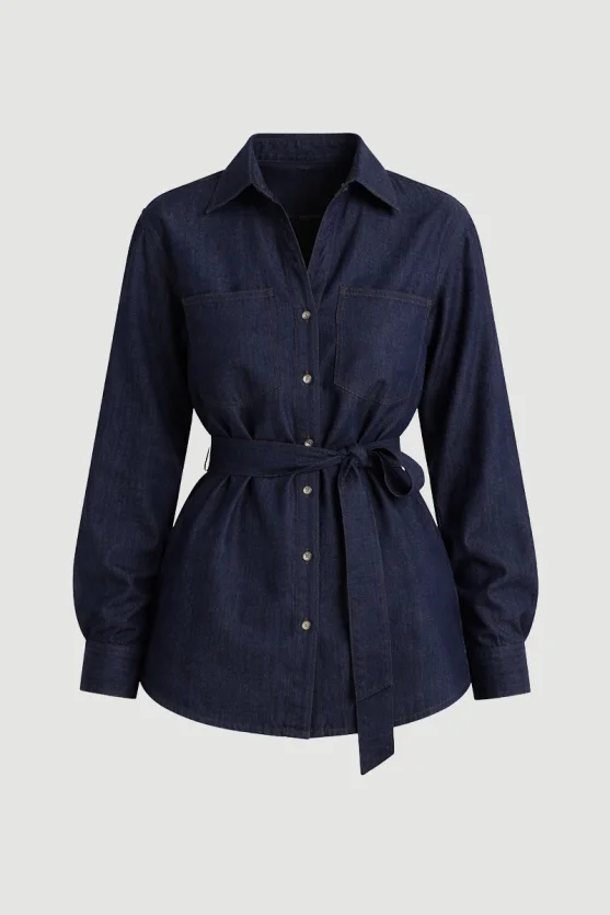 Belted Tencel Denim Shirt Navy Blue - 6