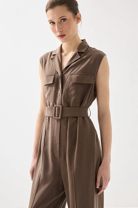 Belted Tencel Linen Jumpsuit - Brown - Gusto
